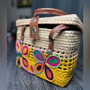 Handcrafted Woven Basket Bag with Colorful Butterfly Design